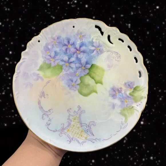 Antique Hand Painted Plate Dish Fine Porcelain Painted Purple Flowers Signed MLN Accents